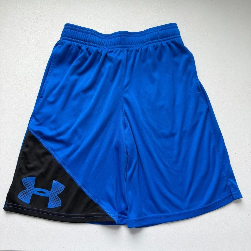 Under Armour Youth Medium Heat Gear Blue Athletic Shorts Large Logo